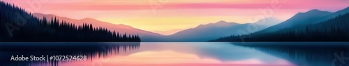 Tranquil abstract landscape with mountains and reflective lake at dawn