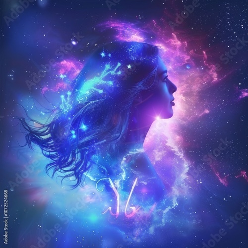 Virgo Zodiac Sign, Horoscope Symbol, Magic Astrology Girl, Woman in Fantastic Night Sky