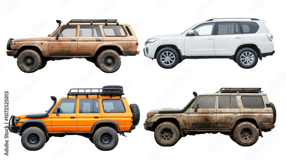 Naklejka premium Four off road vehicles in various colors and styles, showcasing rugged designs and dirt covered exteriors, perfect for adventure enthusiasts. ,PNG Transparency