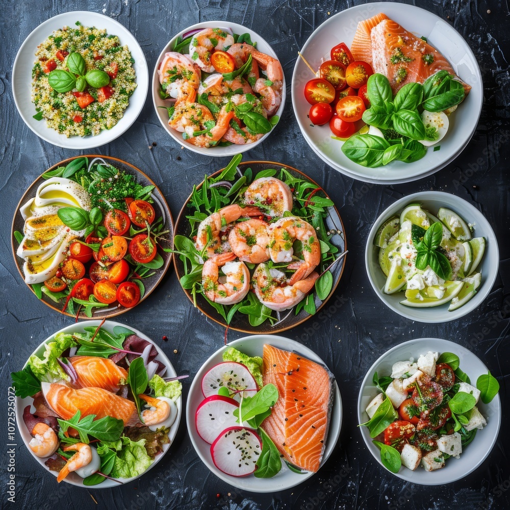 Salads Set, Various Meat and Vegetable Salats with Salmon, Shrimps, Tomatoes, Spices Top View Salads Set, Various Meat and Vegetable Salats with Salmon, Shrimps, Tomatoes, Spices Top View