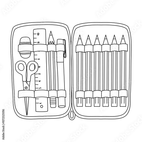 Pencil case with school supplies, doodle style flat vector outline for coloring book