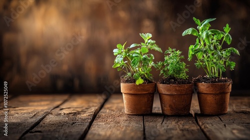 Three potted herbs on rustic wooden table