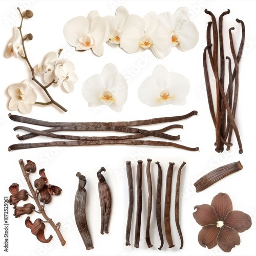 Vanilla pods and flowers set, orchid bean sticks, dry vanillin pods, natural aroma dessert ingredient photo