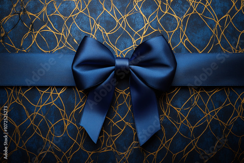 Navy blue with gold geometric pattern background featuring a royal blue satin bow. photo