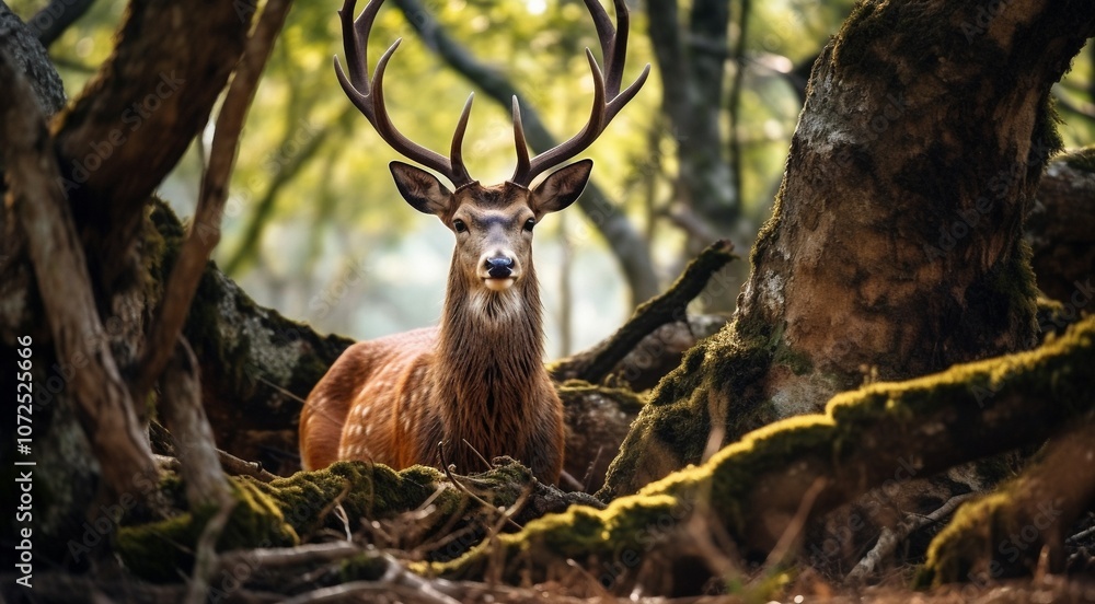Fototapeta premium close-up of a deer in the forest, deer in the woods, cute deer in the park, cute deer in the forest, close-up of a lonely deer in the woods