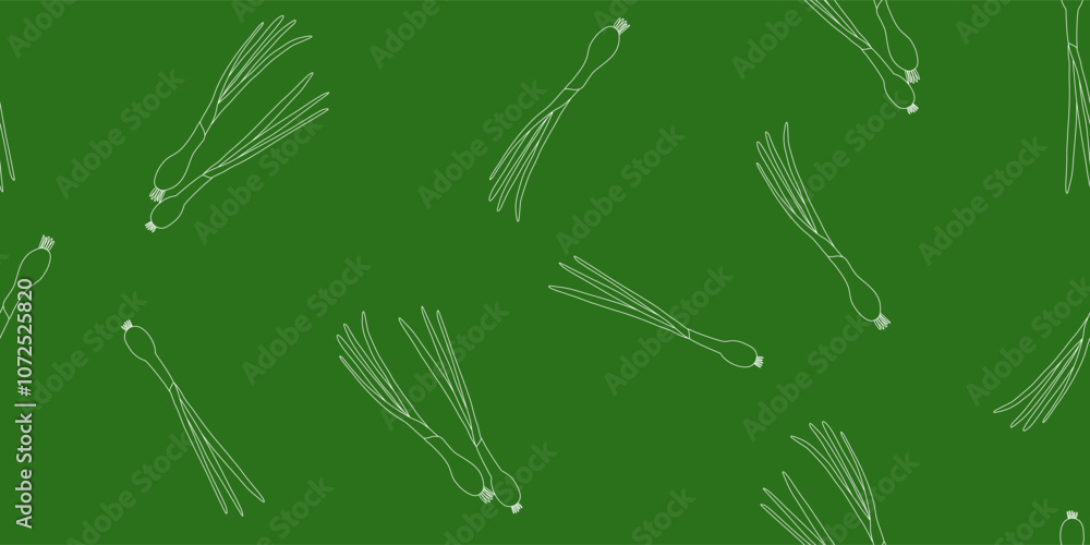 Fototapeta premium Seamless pattern with fresh green onion outlines, chives or scallion on green background, vector