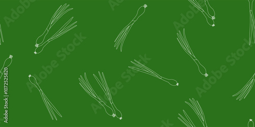 Seamless pattern with fresh green onion outlines, chives or scallion on green background, vector