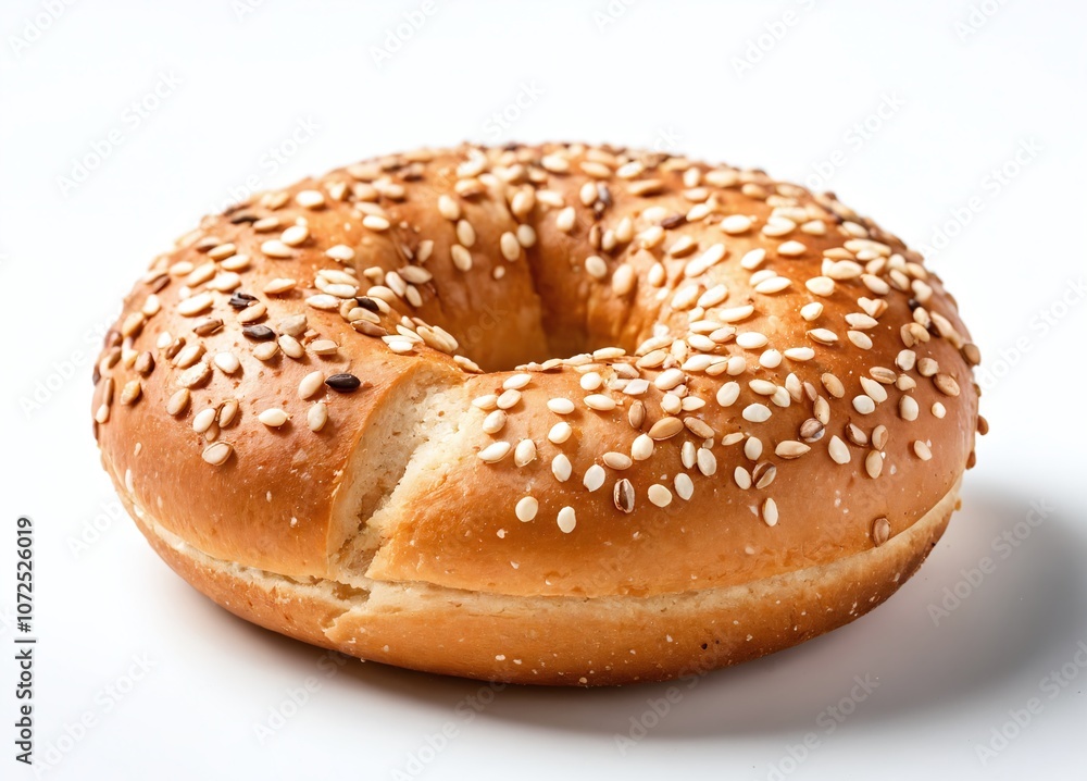 Freshly baked sesame bagel on a white background showcasing its golden crust and textured seeds Freshly baked sesame bagel on a white background showcasing its golden crust and textured seeds