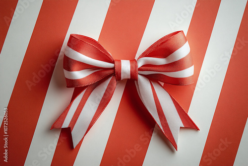 Red and white candy cane stripe pattern background featuring a peppermint'themed bow. photo