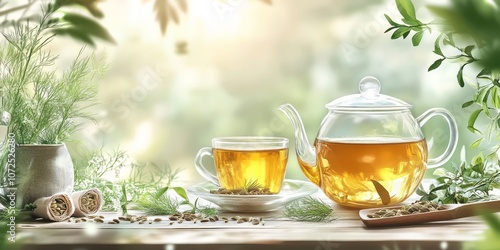 A Teapot and Cup of Fennel Tea with Seeds and Sprigs on a Wooden Table