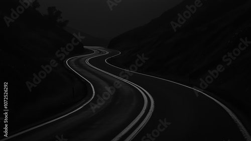 Winding Road Curving Right with Central Solid White Lines on Dark Asphalt, Surrounded by Darkness for a Mysterious and Solitary Atmosphere