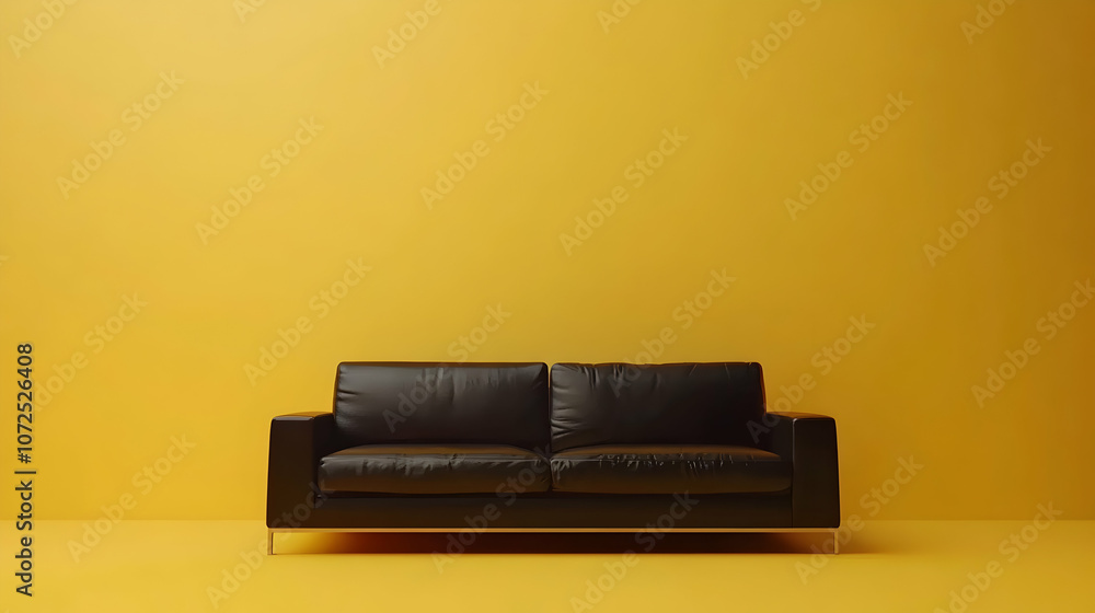 Minimalist Modern Living Room with Sunny Yellow Walls, Black Leather Sofa, and Simple Wood Coffee Table, Featuring Bright and Cheerful Design with a Warm, Inviting Atmosphere Minimalist Modern Living Room with Sunny Yellow Walls, Black Leather Sofa, and Simple Wood Coffee Table, Featuring Bright and Cheerful Design with a Warm, Inviting Atmosphere