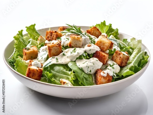 Fresh green salad topped with crispy croutons and creamy dressing on a white background for a healthy meal option