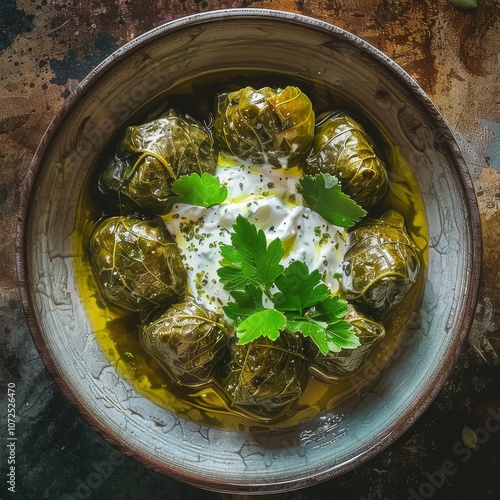 Traditional Turkish Dolma, Sarma or Dolmades with Tzatziki Sauce, Mediterranean Dish Dolmadakia photo