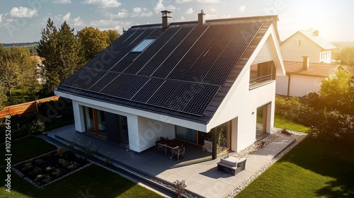 Wallpaper Mural Modern house with solar panels, green lawn, outdoor patio, sunny day, contemporary architecture, eco-friendly living Torontodigital.ca