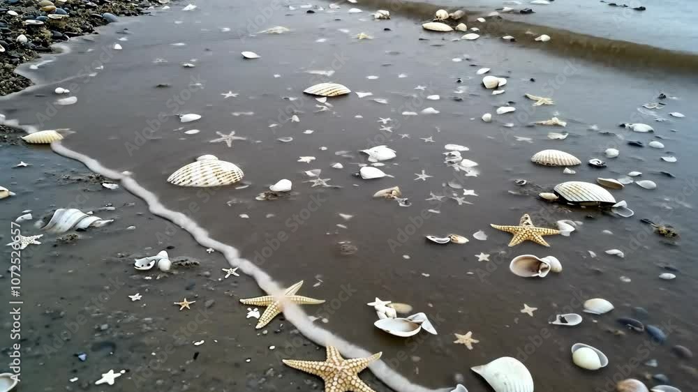 A wave recedes on the beach, leaving behind a collection of seashells and starfish
