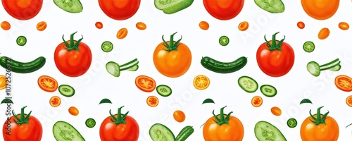 Fresh vegetables and fruits scattered on a white background showcasing vibrant colors and natural variations in shapes and sizes