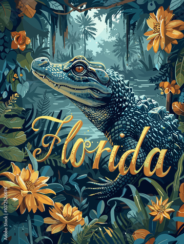 Painting of a crocodile in a forest with the words Florida written below it. The painting has a mood of adventure and exploration, as the crocodile is in a wild and untamed environment