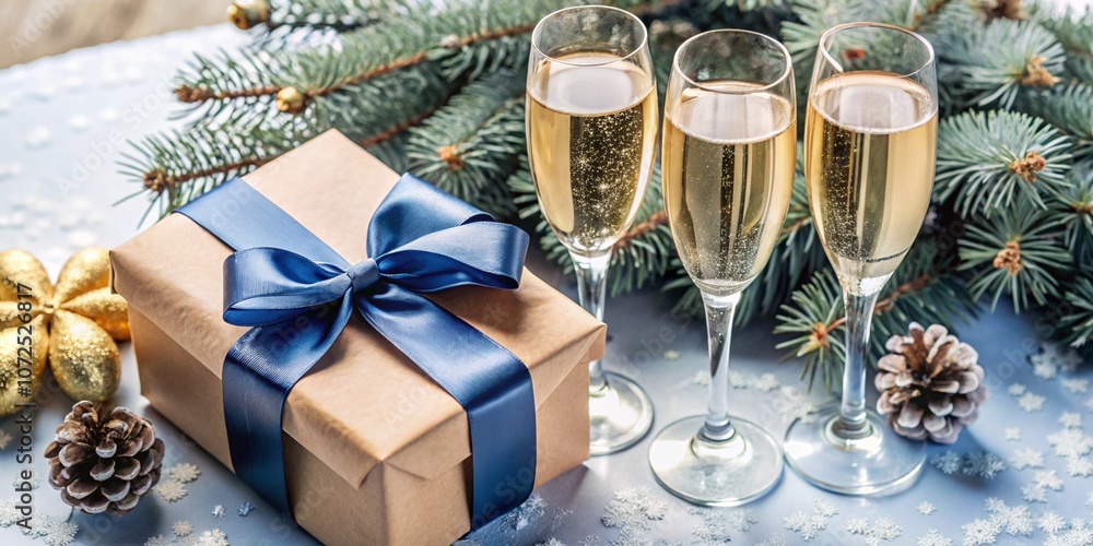 A vibrant New Year celebration setting with champagne and gifts. A vibrant New Year celebration setting with champagne and gifts.