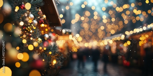 A vibrant holiday market scene with sparkling lights and blurred backgrounds. Experience the warmth of festive celebrations captured in stunning detail. A perfect image for holiday themes. AI