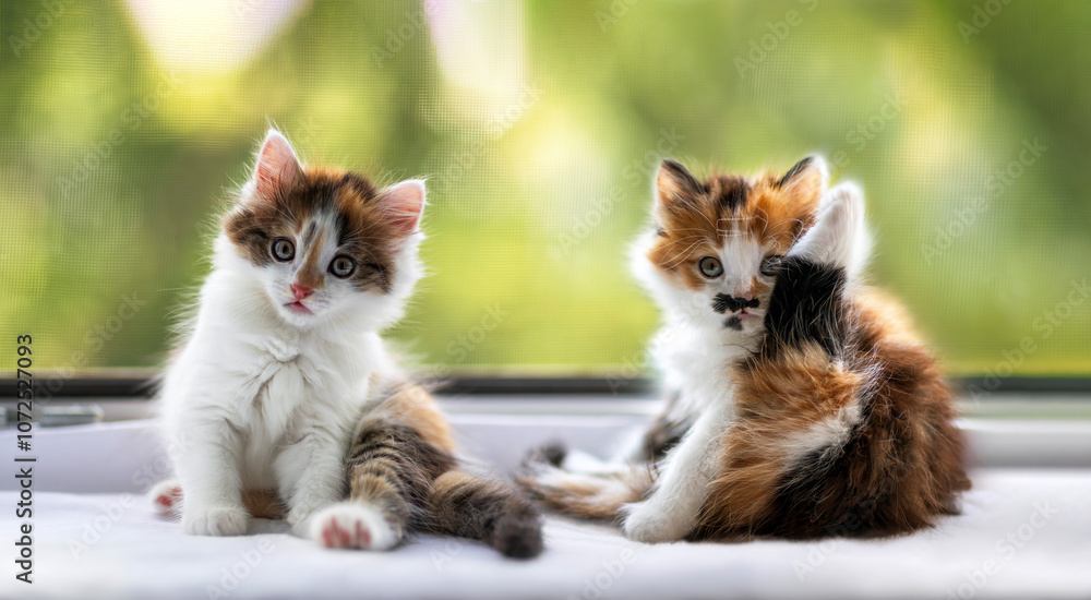 portrait of two cute playful kittens sitting on windowsill and looking funny portrait of two cute playful kittens sitting on windowsill and looking funny