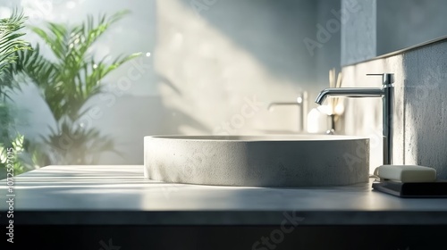 Wallpaper Mural Bathroom Scene, Modern Design, Minimalist Bathroom, Green Plants, Natural Light, Concrete Sink, Sleek Faucet, Green Bathroom Decor Torontodigital.ca