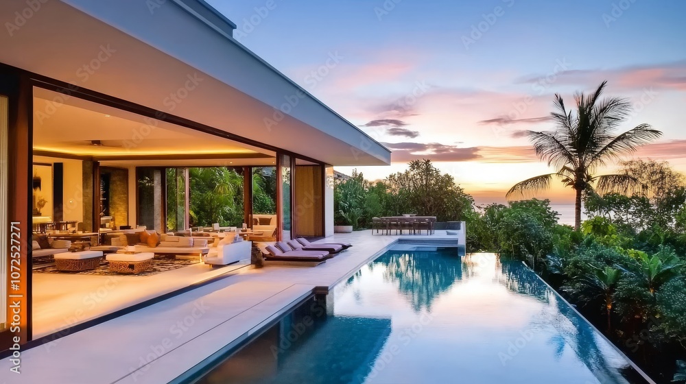 Luxurious poolside villa, stunning sunset view, tropical paradise, modern outdoor living space, serene and elegant retreat Luxurious poolside villa, stunning sunset view, tropical paradise, modern outdoor living space, serene and elegant retreat