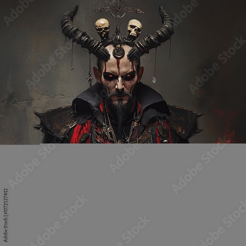 human warlock, evil mage, elaborate headwear skulls, horned helmet, pyromaniac, pointed black goatee, black and red robe 