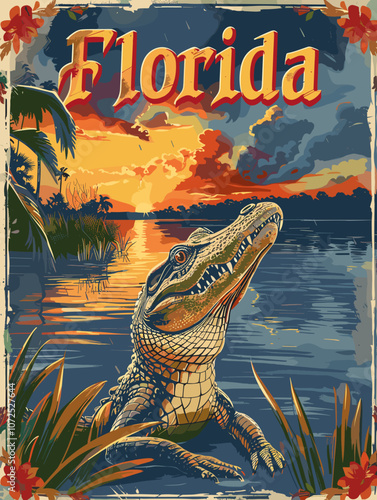 Painting of a crocodile in a forest with the words Florida written below it. The painting has a mood of adventure and exploration, as the crocodile is in a wild and untamed environment