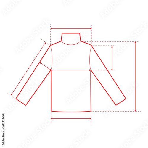 Turtleneck T-Shirt Technical Drawing with Measurement Points and Size Chart

