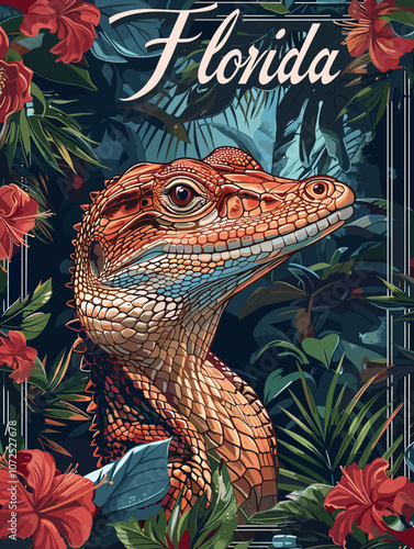 Painting of a crocodile in a forest with the words Florida written below it. The painting has a mood of adventure and exploration, as the crocodile is in a wild and untamed environment