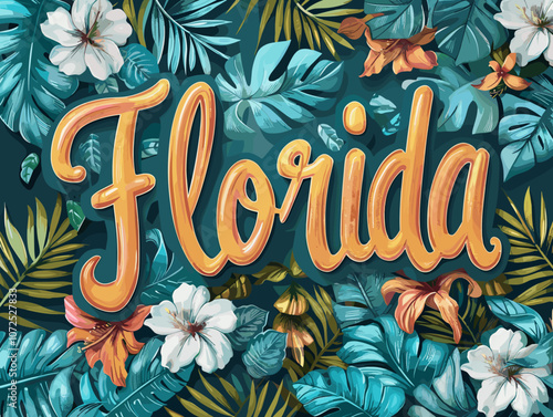 Colorful poster of Florida with a tropical theme. The poster is full of leaves and flowers and the word Florida is written in a fancy font photo