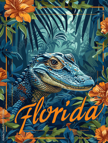 Painting of a crocodile in a forest with the words Florida written below it. The painting has a mood of adventure and exploration, as the crocodile is in a wild and untamed environment