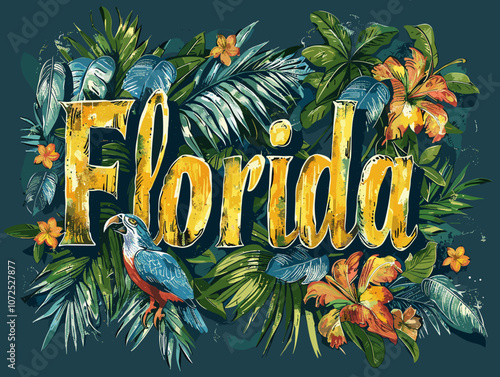 Colorful poster of Florida with a tropical theme. The poster is full of leaves and flowers and the word Florida is written in a fancy font photo