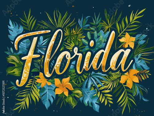 Colorful poster of Florida with a tropical theme. The poster is full of leaves and flowers and the word Florida is written in a fancy font