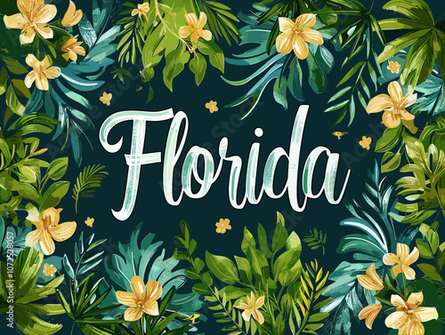 Colorful poster of Florida with a tropical theme. The poster is full of leaves and flowers and the word Florida is written in a fancy font