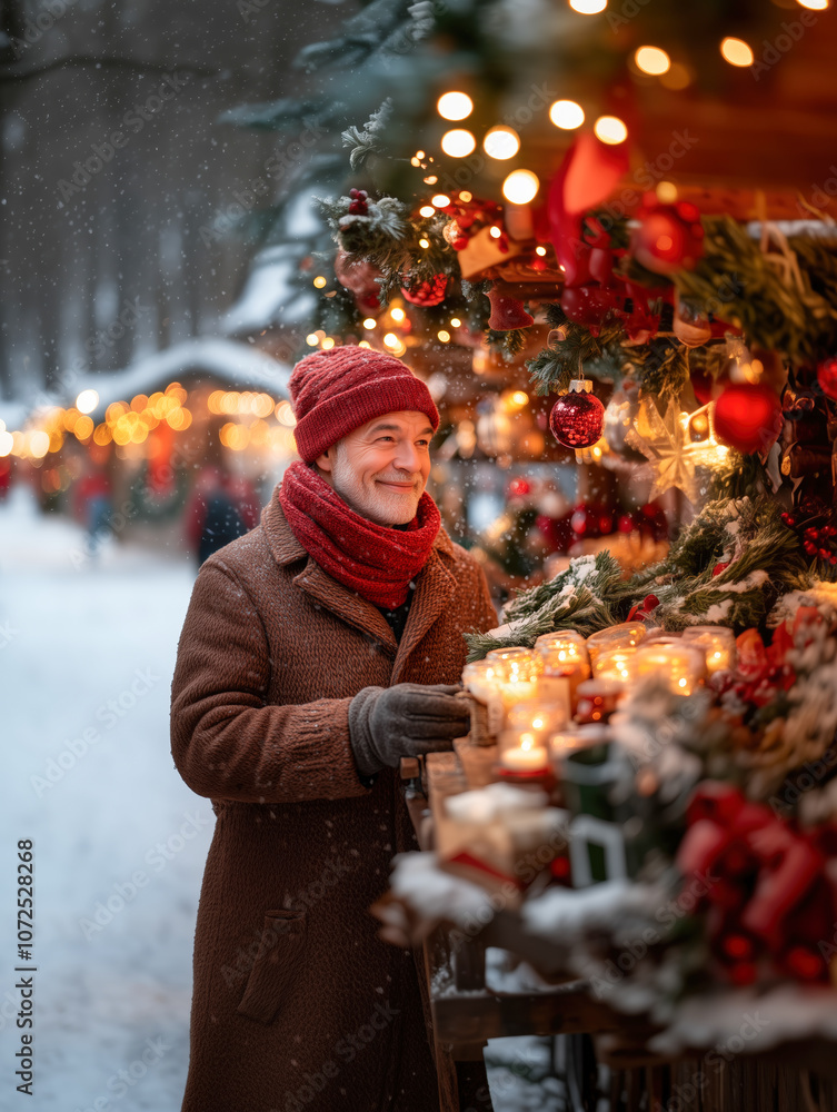 Cheerful elderly gentleman shopping for candles at a snowy christmas market, soaking in the holiday cheer and searching for gifts