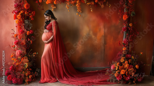 Indian pregnant woman in traditional dress stands against vibrant floral backdrop, maternity portrait