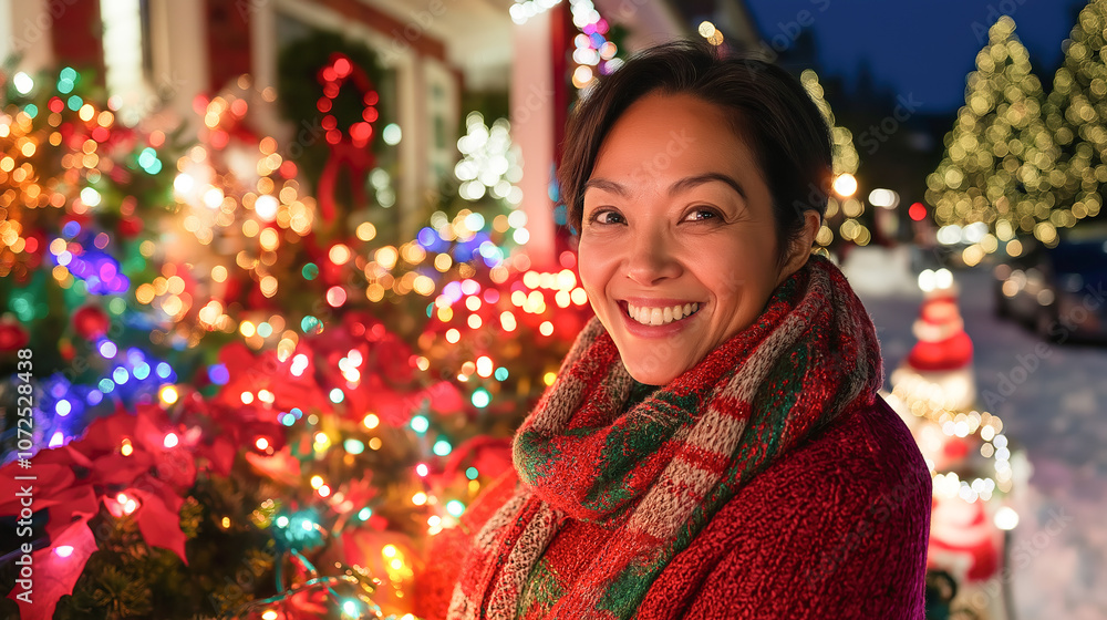Festive home with christmas lights and decorations on a snowy winter night, featuring a cheerful woman in a red sweater and scarf smiling in front Festive home with christmas lights and decorations on a snowy winter night, featuring a cheerful woman in a red sweater and scarf smiling in front