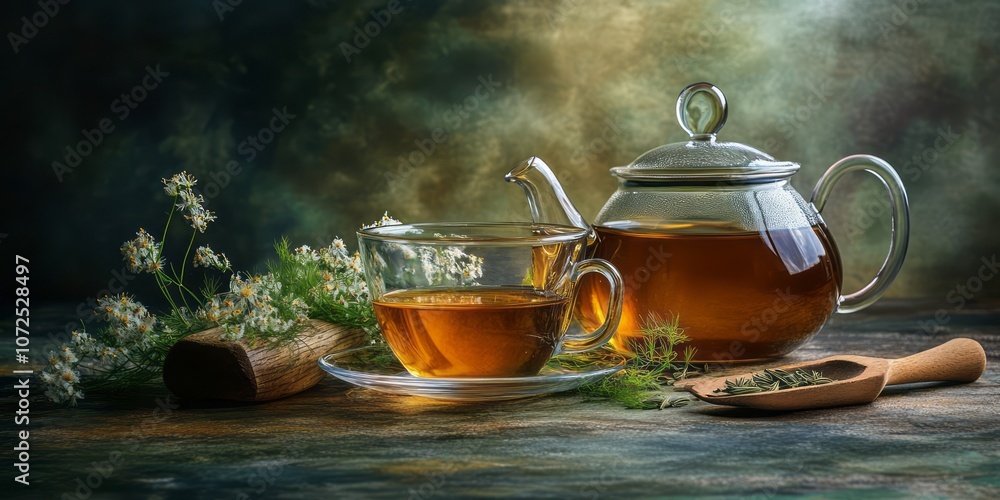 Glass Teapot and Cup of Herbal Tea with Flowers and Dried Herbs Glass Teapot and Cup of Herbal Tea with Flowers and Dried Herbs