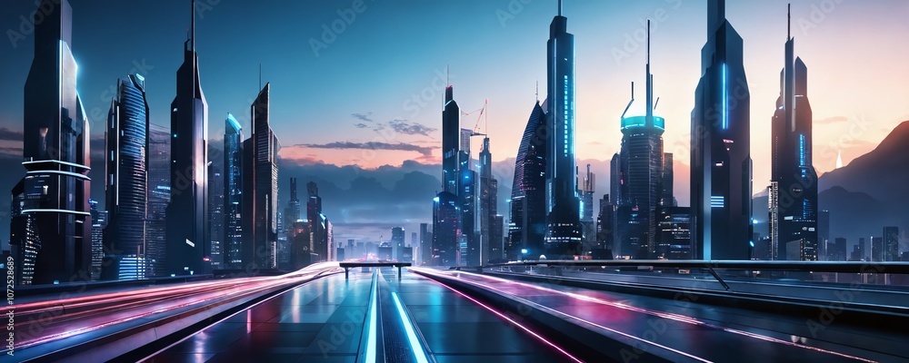 Obraz premium Futuristic cityscape at dusk with illuminated skyscrapers and dynamic light trails from vehicles on the highway
