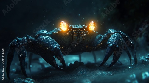 A large, menacing crab with glowing eyes and sharp claws crawls towards the camera in a dark underwater environment. photo