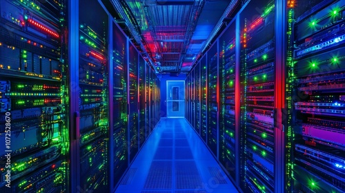 Data Center Server Room with Blue and Red Lights