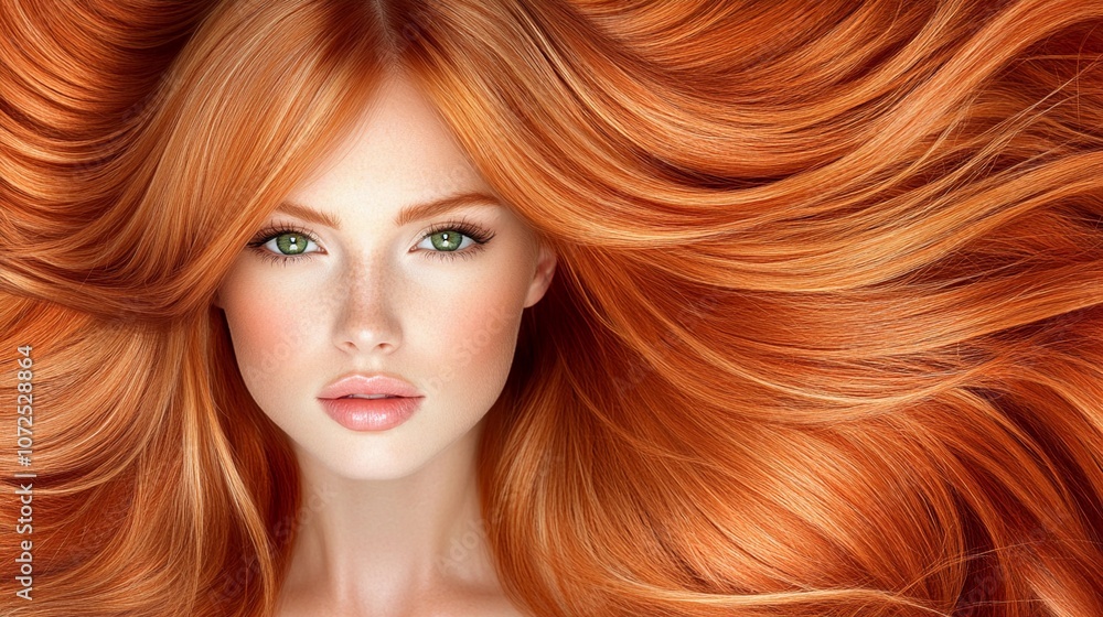 Fototapeta premium Beautiful woman with flowing ginger hair. Haircare, hair dye and cosmetics concept. Fashion portrait for poster, banner, packaging, design