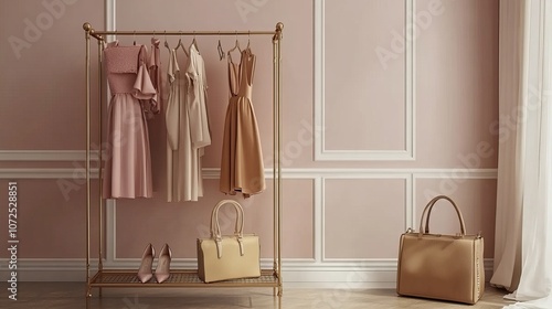 Clothing rack in a room with a stylish dress bag and shoes