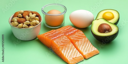 Assorted Healthy Foods on a Green Background photo