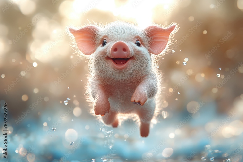 Adorable piglet soaring through the clouds in a fantasy blue sky Adorable piglet soaring through the clouds in a fantasy blue sky