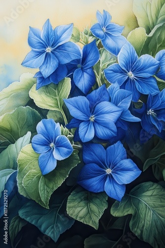 Wallpaper Mural A vibrant arrangement of blue flowers surrounded by lush green leaves, creating a serene and natural aesthetic. Torontodigital.ca