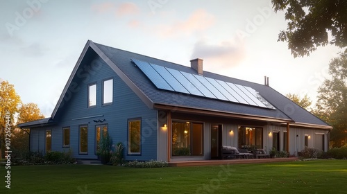 Wallpaper Mural Modern house with solar panels, Sunset view, Green trees, Blue sky, Nature scene, Energy efficient home, Large window design, Eco-friendly Torontodigital.ca