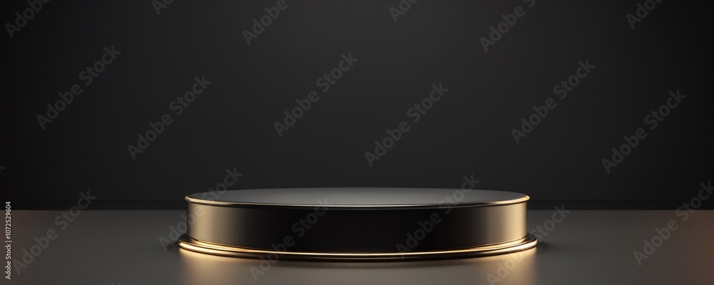 Black and gold circular podium with subtle lighting in a dark studio setting, perfect for presentations or displays in a professional environment Black and gold circular podium with subtle lighting in a dark studio setting, perfect for presentations or displays in a professional environment